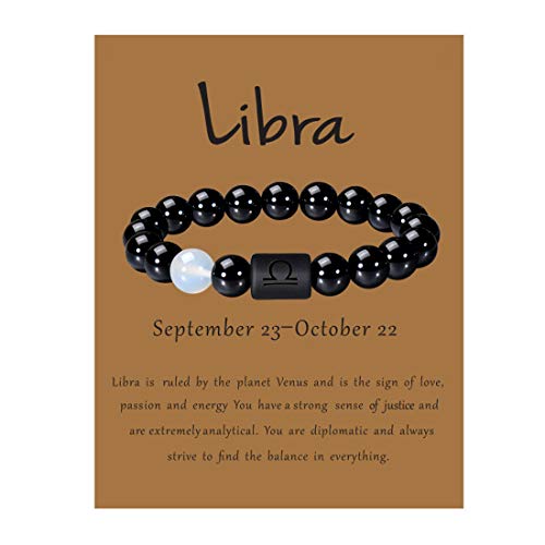 VLINRAS Zodiac Libra Bracelet for Men Women Libra Gifts Natural Black Onyx Stone Zodiac Charm Bracelet Constellation Horoscope Jewelry