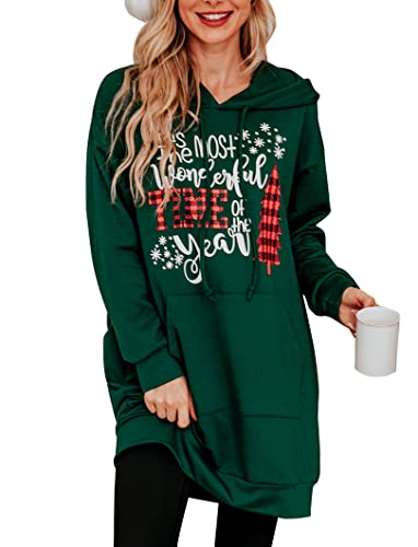 Quenteen Women Sweatshirt Dress Casual Funny Letter Printed Green Christmas Hoodie Oversized Pullover Medium