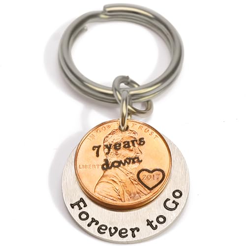 HRMYUDI Copper Gifts for 7th Anniversary, 7 Years Anniversary Copper Gift Coin Keychain with a 2017 Penny, 7 Years Down and Forever To Go Keyring, Anniversary Present for Man Woman