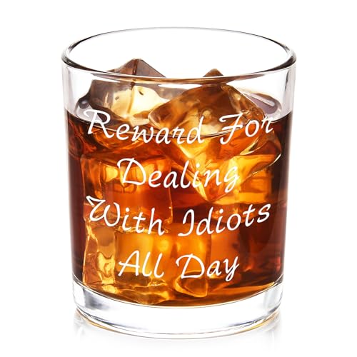 Futtumy Reward For Dealing With Idiots All Day Whiskey Glass, Funny Gifts for Men Coworker Friend Husband Boss Him, Novelty Old Fashioned Glass for Christmas Fathers Day Bosses Day Birthday, 10 oz