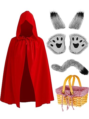 Xtinmee 5 Pcs Red Hooded Cape Costume with Picnic Basket Wolf Costume Wolf Tail and Hoodie Gloves Hat Carnival Couple Costume(Classic Style, Short)