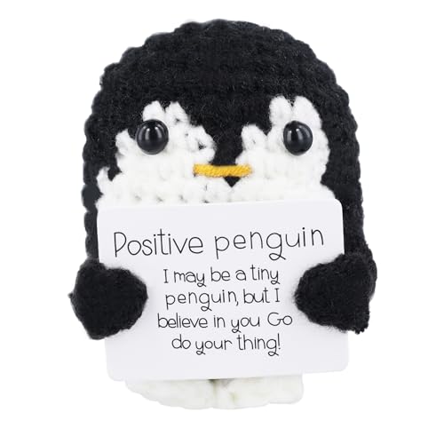 PEUTIER Funny Positive Penguin, 2.56in Emotional Support Penguin Toy with Positive Card Creative Cute Knitted Positive Penguin Gifts Crochet Handmade Doll for Friends Encouragement Decoration(Black)