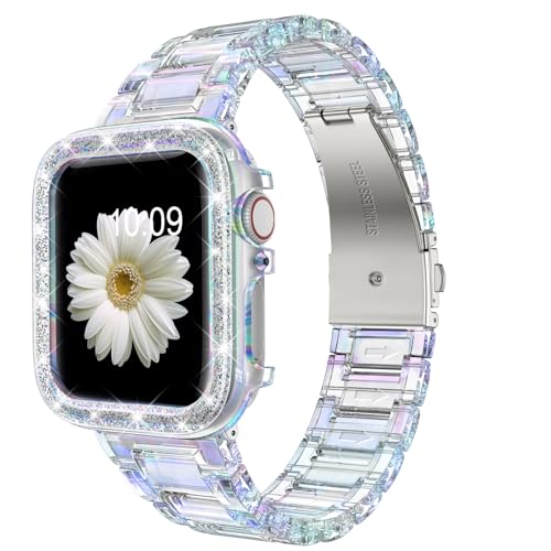 DABAOZA Compatible for Clear Apple Watch Band 45/44/42mm with Case, Women Resin Lightweight Strap Bling Bumper with Stainless Steel Buckle for iWatch SE Series 9/8/76/5/4/3/2/1 (Clear, 45/44/42mm)