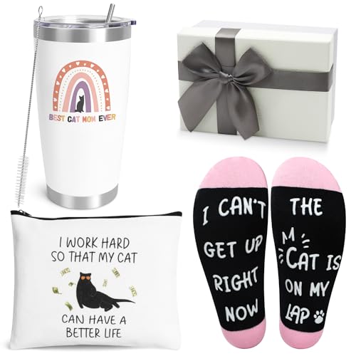 UAREHIBY Cat Mom Gifts for Women,20 OZ Wine Tumbler Gifts for Cat Lovers,Crazy Cat Lady Gifts with Cosmetic Bag,Funny Cat Themed Things with Socks Birthday Gifts for Women,Friend,Cat Stuff