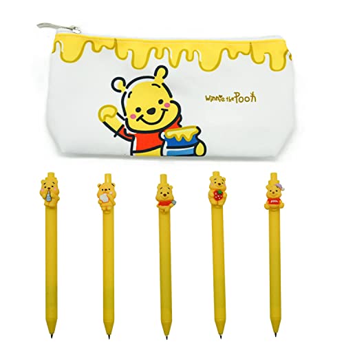 Rondlaho Pooh Small Pen Case with 5 Pcs Cute Gel Pen, Pen Pouch Coin Pouch Cosmetic Bag Office Supplies Stationery Organizer with Black Ink 0.5mm Ballpoint Pen