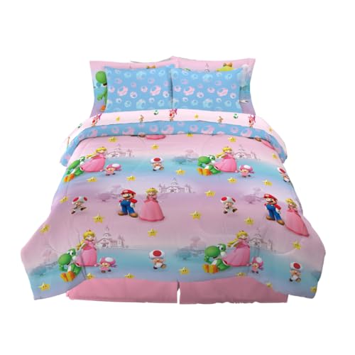 Franco Super Mario Girl Princess Peach Girl Gamer Kids Bedding Super Soft Comforter and Sheet Set with Sham, 7 Piece Full Size, (Official Licensed Product)