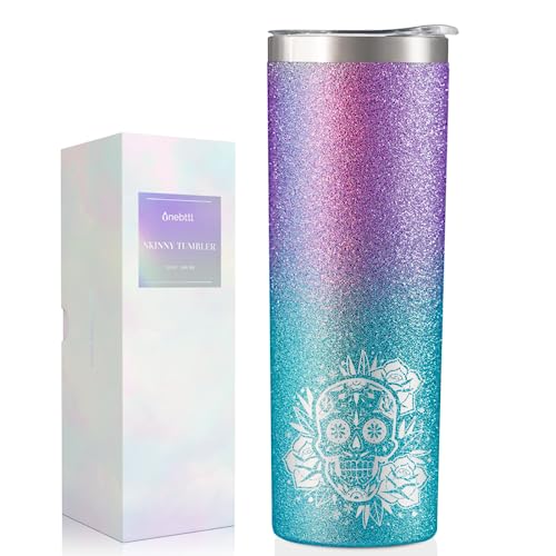 Onebttl Sugar Skull Gifts for Women, Day of the Dead, 20 oz Skinny Travel Tumbler with Lid, Brush, and Straw, Mexican Gifts (Blue-Violet Gradient)