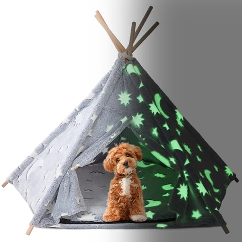 HOMBYS Glow in The Dark Pet Teepee Tent, Extra Large Cat & Dog Teepee - Indoor Dog & Cat House, Chic Pet Tent, Bed with Thickness Cushion, Durable & Soft Velvet Fabric, Portable & Machine Washable-16