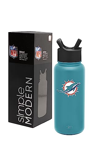Simple Modern Officially Licensed NFL Miami Dolphins Water Bottle with Straw Lid | Vacuum Insulated Stainless Steel 32oz Thermos | Summit Collection | Miami Dolphins