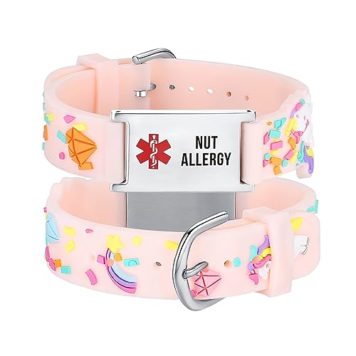 LinnaLove Nut Allergy Medical id bracelet Parents gift to Son, daughter, brother, sister-Pink little sheep