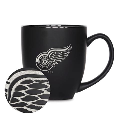 Rico Industries NHL Hockey Detroit Red Wings 15oz Laser Engraved Matte Black Ceramic Bistro Mug - For Hot or Cold Drinks