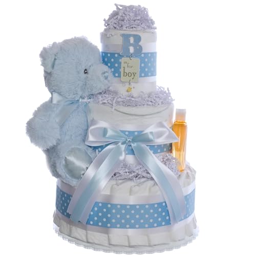 Lil' Baby Cakes Boy Diaper Cake - Makes a Beautiful Baby Gift - Size 1 Diapers - 10 in X 12 in