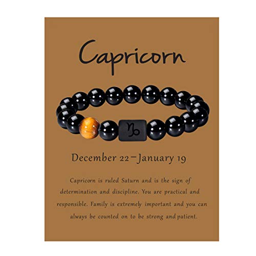 VLINRAS Zodiac Capricorn Bracelet for Men Women Capricorn Gifts Natural Black Onyx Stone Zodiac Charm Bracelet Constellation Horoscope Jewelry