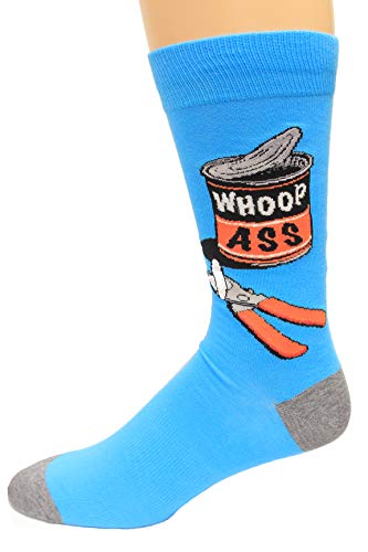 K. Bell Socks Men's Funny Jokes and Wordplay Novelty Crew Socks, Whoop Ass (Blue), Shoe Size: 6-12