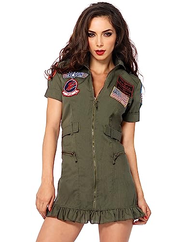 Leg Avenue Top Gun Flight Dress with Interchangeable Name Badges – Sexy Maverick Pilot Halloween Costume for Women, Green, Large