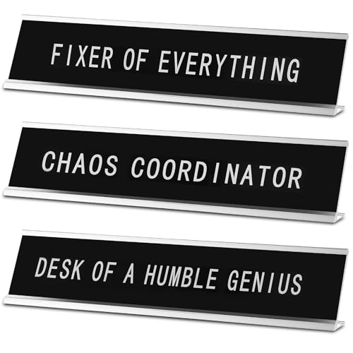 Suzile 3 Pcs Chaos Coordinator Fixer of Everything Desk of a Humble Genius Funny Desk Signs with Black Base Novelty Nameplate Funny Office Decor Desk Plaque for Coworker Gift 10 x 2' (White Black)