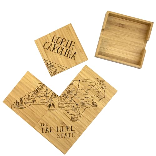 Totally Bamboo North Carolina State Puzzle 4 Piece Bamboo Coaster Set with Case