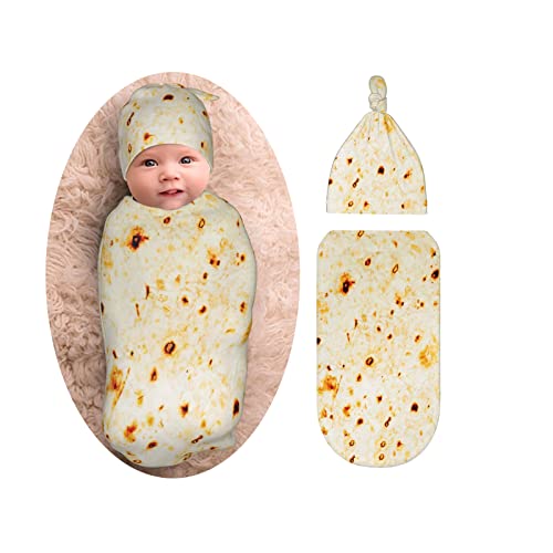 Burrito Taco Tortilla Newborn Swaddle Blanket with Beanie Set, Soft and Stretchy Baby Blanket Swaddle Sack Funny Gift for Boy and Girl Baby Shower