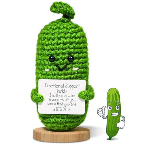 Eiqer Handmade Emotional Support Pickle Gift, Cucumber Crochet Doll Inspirational Gifts with Wooden Base, Cute Knitted Cucumber Doll Funny Pickle Toy for Women, Boys, Girls