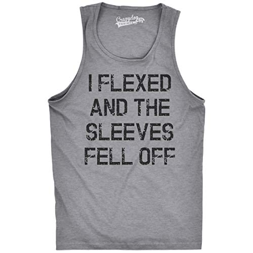 Crazy Dog Mens Sleeveless Gym Tank Top I Flexed And The Sleeves Fell Off Funny Workout Tee Light Heather Grey XL