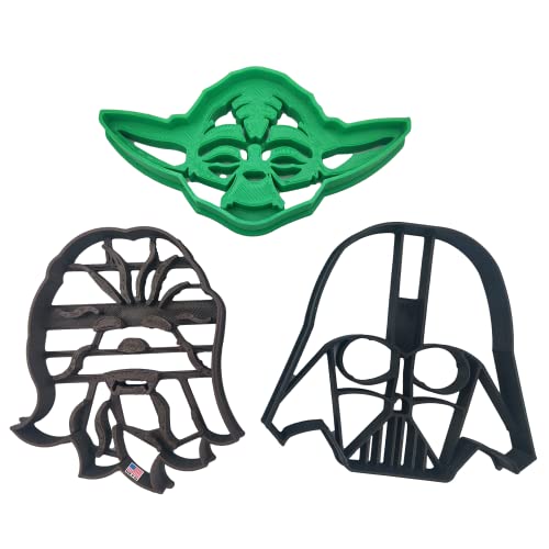 INSPIRED BY STAR WARS COOKIE CUTTERS. Inspired By Star Wars Darth Vader Black Mask, Green Yoda and Brown Chewbacca Face Head Cookie Cutters (3 Pack)