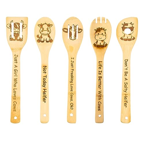 5PCS Cow Wooden Cooking Spoons Cow Gifts Cow Decor Cow Gifts for Women Cow Kitchen Decor Gifts for Cow Lovers Cow Stuff Party Favors Housewarming Wedding Cooking Bamboo Cooking Spoons