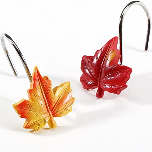 Maple Leaf Shower Curtain Hooks, 12Pcs Thanksgiving Decorative Shower Curtain Hooks, CHICTIE Autumn Fall Leaves Shower Curtain Rings Rustproof for Bathroom Bedroom Room Decor (Red + Yellow)