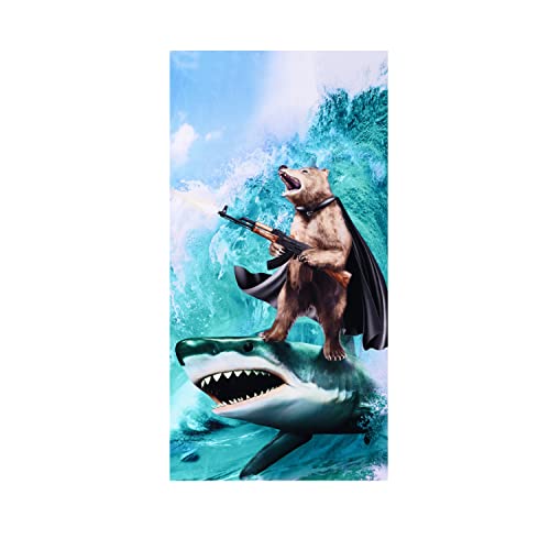 LIVILAN Funny Shark Bear Beach Towel, 30' x 60' Oversized Microfiber, Soft, Quick Dry, Sand Free, Ideal for Bath, Pool, Travel, Unique Shark & Bear Gifts for Men, Boys, Teens