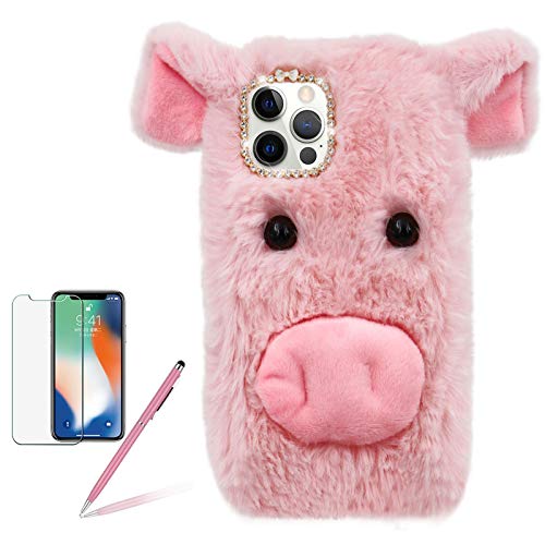 Girlyard Pig Case for iPhone SE 2020 / iPhone 8 / iPhone 7, Cute Plush Cartoon Piggy Funny Shell Fluffy Soft Fake Fur Warm Furry Shockproof Protective Cover with Bling Glitter Diamond Bowknot - Pink