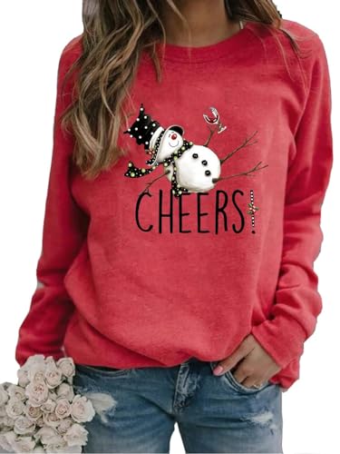 Ykomow Snowman Wine Cheers Sweatshirts Women Long Sleeve Christmas Graphic Tees Funny Xmas Tops (L, Red)