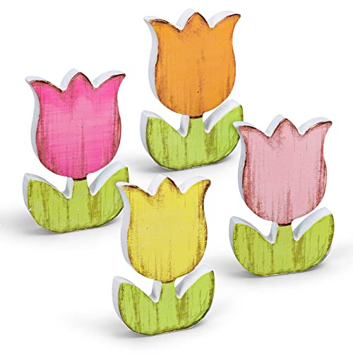 Whaline 4Pcs Spring Tulips Wood Signs Retro Tulip Flowers Table Decoration Rustic Farmhouse Tulip Table Centerpiece Multicolor Tulips Floral Block Tabletop Signs for Spring Home Tiered Tray Decor