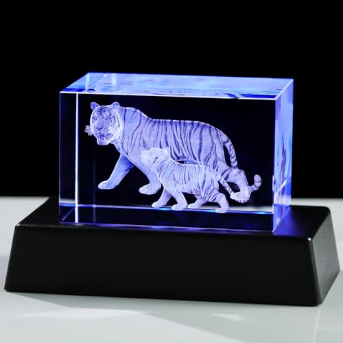 YWHL 3D Crystal Tiger Gifts for Women Men, Laser Engraved Mother and Child Tiger Figurine with Colorful Light Base for Tiger Lovers on Birthday Mother's Day, Animal Collectibles Statue for Home Decor