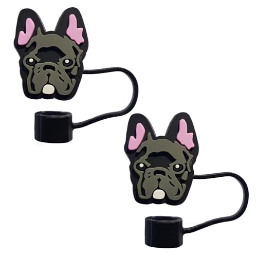 EASUROMOTO22 Dog Straw Cover for Cup Straw Cover Cute Accessories - Set of 2 French Bulldog - Frenchie Dog Straw Covers for Tumblers 10mm - Durable & Reusable Straw Caps (1a)