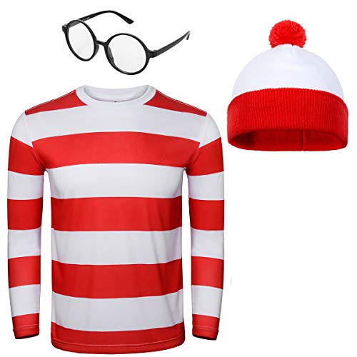Adult Men Red and White Striped Tee Shirt Glasses Hat Outfit Suit Set Halloween Cosplay Costume Party Props (X-Large, Adult Men)
