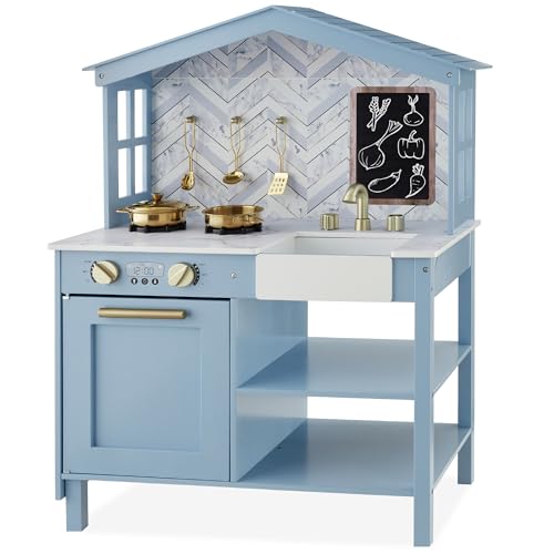Best Choice Products Farmhouse Play Kitchen Toy, Wooden Pretend Set for Kids w/Chalkboard, Marble Backdrop, Windows, Storage Shelves, 5 Accessories Included - Beveled Blue