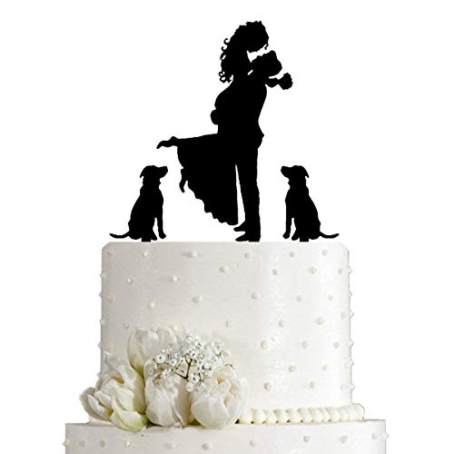 Wedding Cake Topper - Bride Hold Groom with Flowers Besides 2 Pet Dogs Silhouette Cake Decoration (Black)
