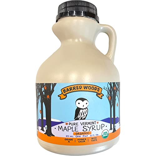 Organic Vermont Maple Syrup - Pure and All Natural - One Pint Jug (16 oz) - Grade A Amber Rich - From Barred Woods Maple
