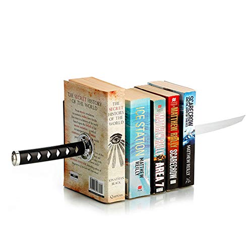 ZWCIBN Book Ends Decorative, Modern Metal Funny Unique Black DVD Bookends for Shelves, Katana Book Stopper Holder for Office Home, Desk Gifts Book Stands for Men and Book Lovers