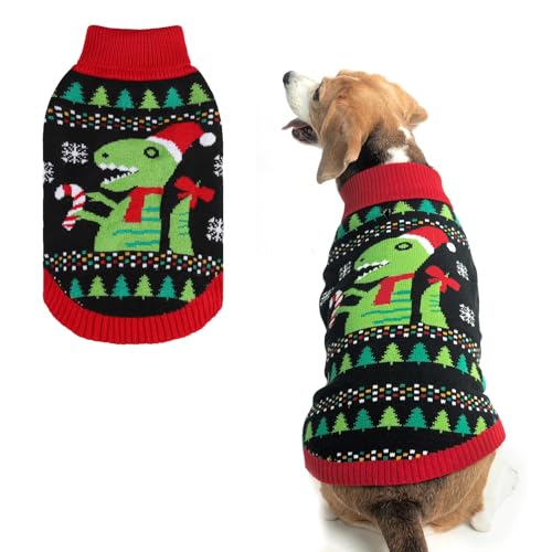 BINGPET Dog Sweater,Dinosaur Pattern Holiday Turtleneck Sweaters for Small Medium Large Dogs,Knitted Pullover Puppy Sweaters,Pet Winter Clothes Warm Sweatshirts Outfits for Dogs and Large Cats