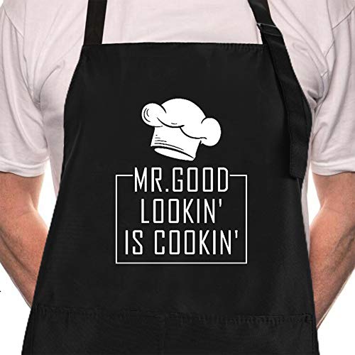 Rosoz Funny BBQ Black Chef Aprons for Men, Mr Goodlookin' is Cookin', Adjustable Kitchen Cooking Aprons with Pocket Waterproof Oil Proof Father’s Day/Birthday