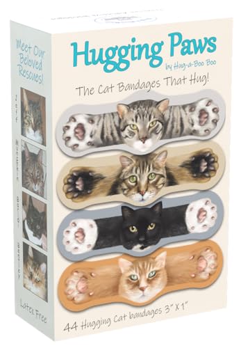 Hugging Paws - Premium Adhesive Cat Bandages from Hug-a-BooBoo, The Amazing Cat Bandages That Hug! Beautiful Bandages with Watercolor Paintings of Our Very Own Rescue Cats! Patented! 44 Count Box