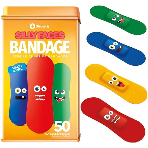 BioSwiss Bandages, Silly Faces Shaped Self Adhesive Bandage, Latex Free Sterile Wound Care, Fun First Aid Kit Supplies for Kids, 50 Count