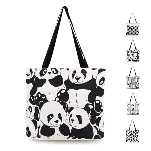 GODWOODS Tote Bag Aesthetic Canvas Handbags with Zipper for Women Travel Shoulder Bags Purses with compartments (Panda Print)