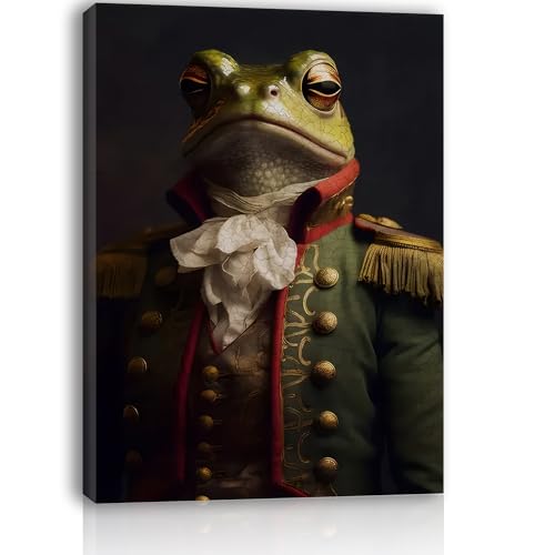 Frog Framed Canvas Paiting Wall Art Uniform Retro Picture Funny Animal Renaissance Portrait, Vintage Antique Animal Poster Home Decor for Living Room Bedroom Wall Decor Artwork 12x16 inches
