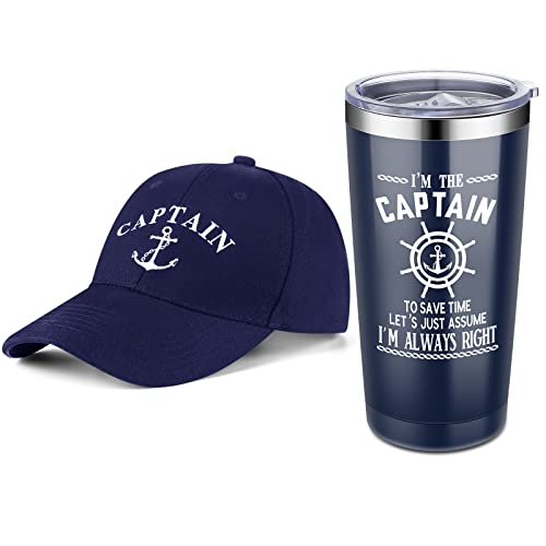 Handepo Boating Accessories Gifts for Men Boat Captain Cap I'm Captain Tumbler Boating Baseball Cap Nautical Cups Stainless Steel Coffee Mug Summer Gifts (Navy Blue)