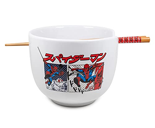 Silver Buffalo Marvel Spider-Man Japanese Manga Comic Panels Ceramic Ramen Noodle Rice Bowl with Chopsticks, Microwave Safe, 20 Ounces