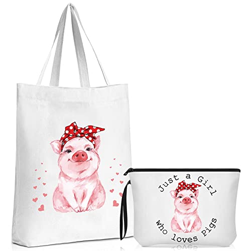 Sieral 2 Pcs Pigs Lover Gift for Girl Women Travel Cosmetic Bags Pig Portable Makeup Zipper Pouch & Canvas Tote Bag Reusable Piggy Funny Shopping Animal Gift, White