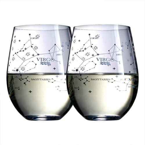 The Wine Savant Set of 2 Zodiac Sign Wine Glasses with 2 Wooden Coasters Astrology Drinking Glass Set with Etched Constellation Tumblers for Juice, Water Home Bar Horoscope Gifts 18oz (Virgo)