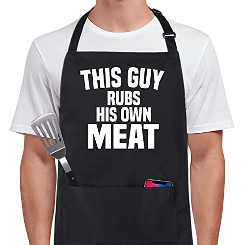 Xornis 100% Cotton Funny Aprons This Guy Rubs His Own Meat with 2 Pockets BBQ Grilling Adjustable Bib Aprons Gifts for Men Dad Friends Father's Day Barbecue Birthday