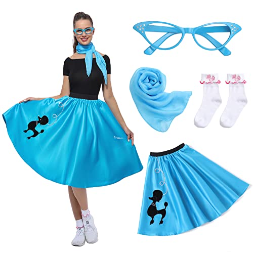 Rabtero Women Sock Hop Costume, Adult 1950s Poodle Dress Costume, 50's Poodle Skirt with Glasses, Scarf and Socks for Women 2-10, S/M, Blue